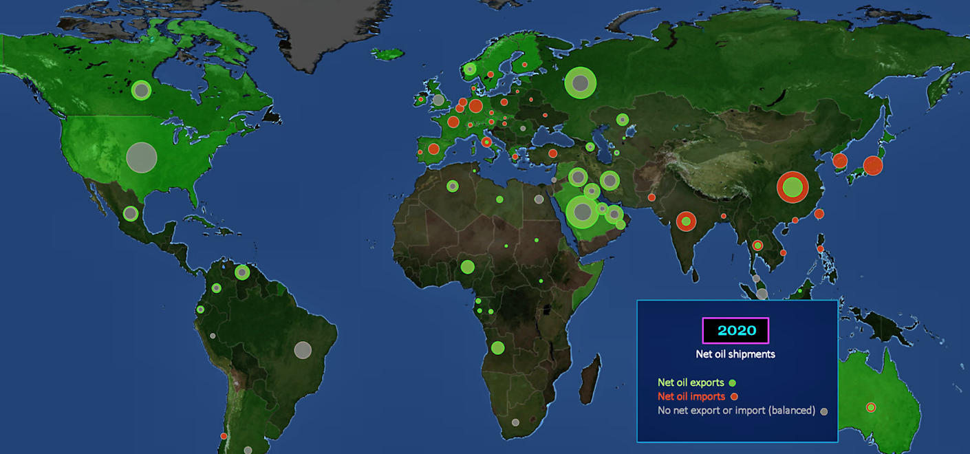 Global net oil import/export, 2020 map